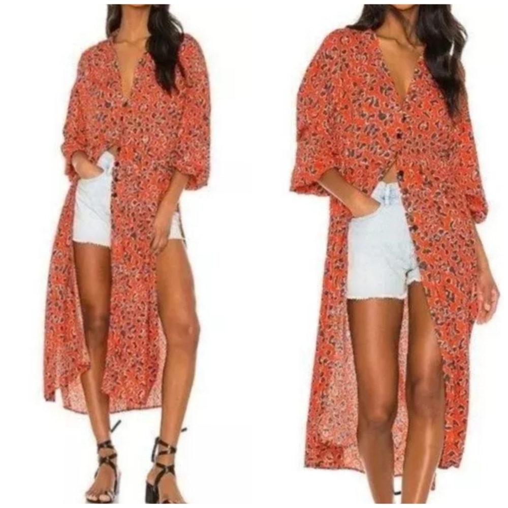 Free People Cest Moi Leopard Print Long Maxi Top Orange Red Size Small